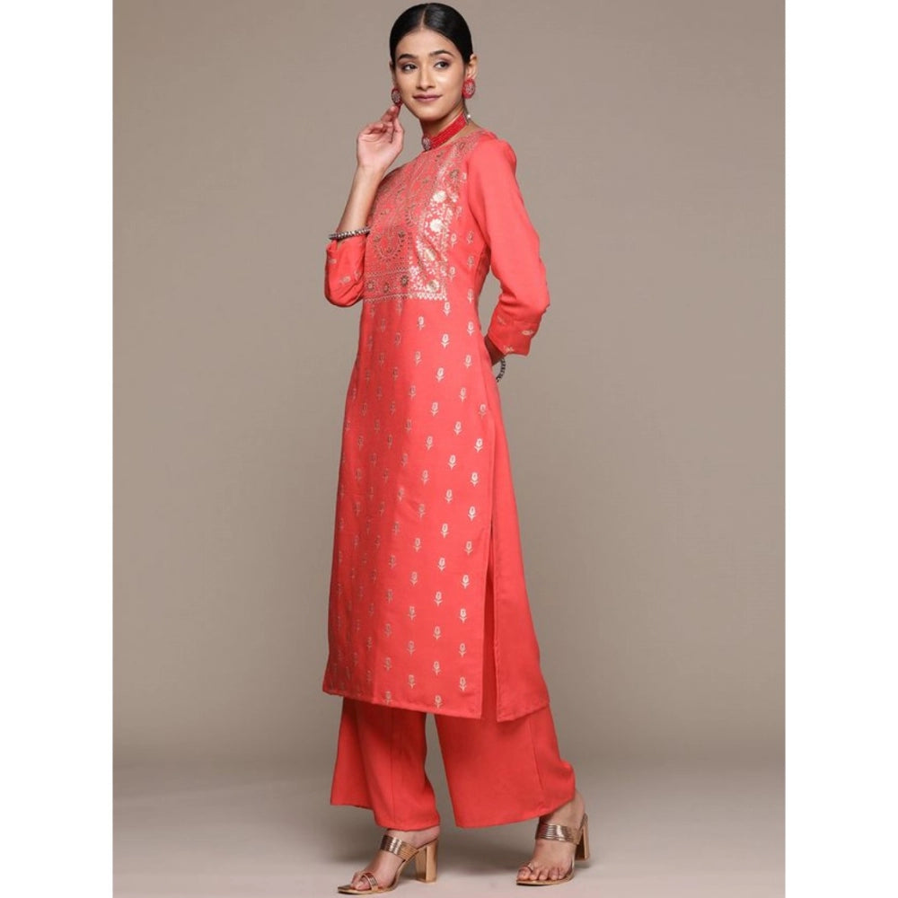 Amfyn Women's Casual 3-4Th Sleeve Floral Printed Rayon Kurti and Palazzo Set (Orange)