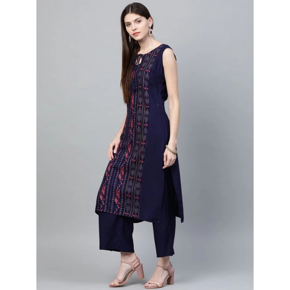 Amfyn Women's Casual Sleeveless Ikkat Rayon Kurti and Palazzo Set (Navy Blue)