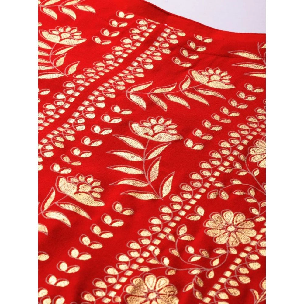 Amfyn Women's Casual 3-4Th Sleeve Floral Printed Rayon Kurti and Palazzo Set (Red)