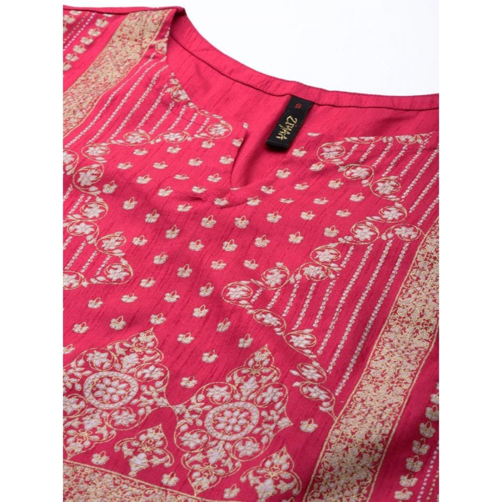 Amfyn Women's Casual 3-4Th Sleeve Ethnic Motifs Poly Silk Kurti And Palazzo Set (Pink)