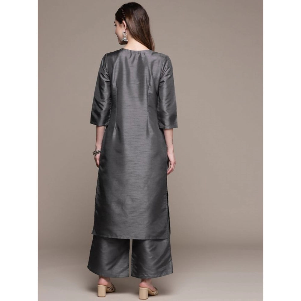 Amfyn Women's Casual 3-4Th Sleeve Ethnic Motifs Poly Silk Kurti And Palazzo Set (Dark Grey)