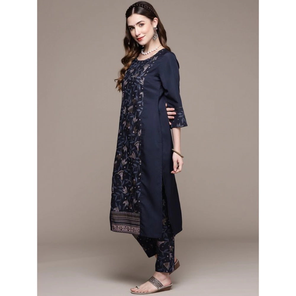 Amfyn Women's Casual 3-4Th Sleeve Floral Printed Crepe Kurti and Pant Set (Navy Blue)