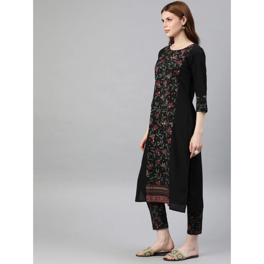 Amfyn Women's Casual 3-4Th Sleeve Floral Printed Crepe Kurti and Pant Set (Black)