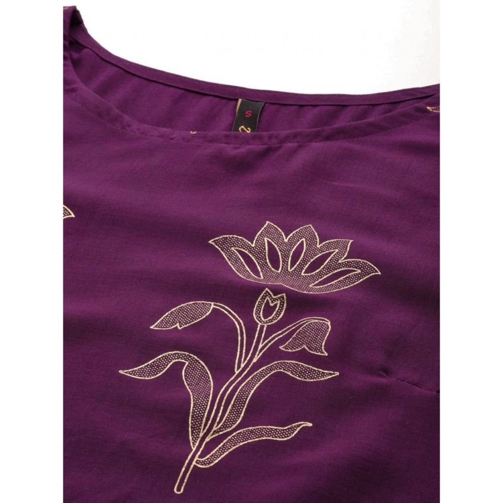 Amfyn Women's Casual 3-4Th Sleeve Floral Printed Chinon Kurti and Pant Set (Purple)