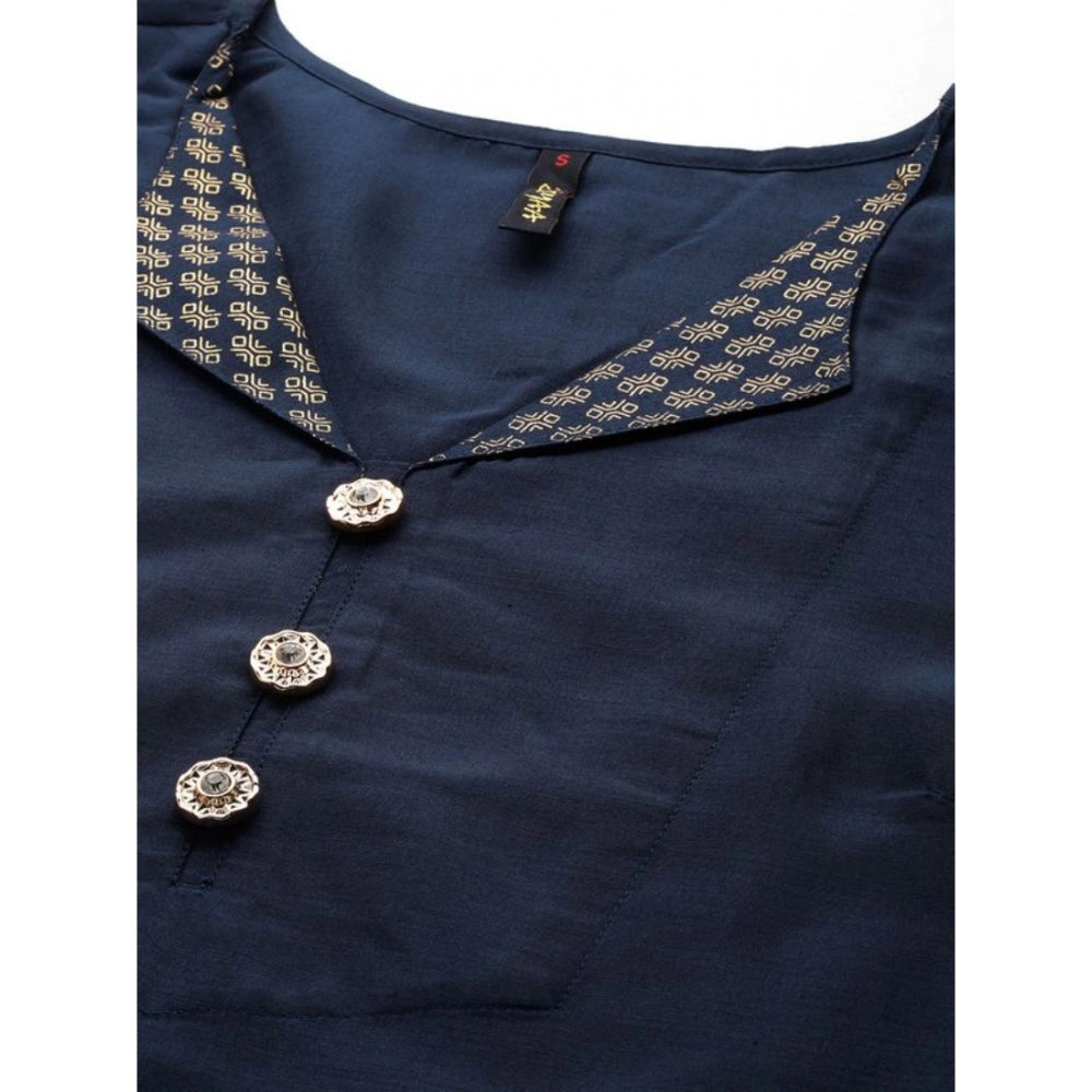 Amfyn Women's Casual Half Sleeve Solid Chinon Kurti and Pant Set (Navy Blue)
