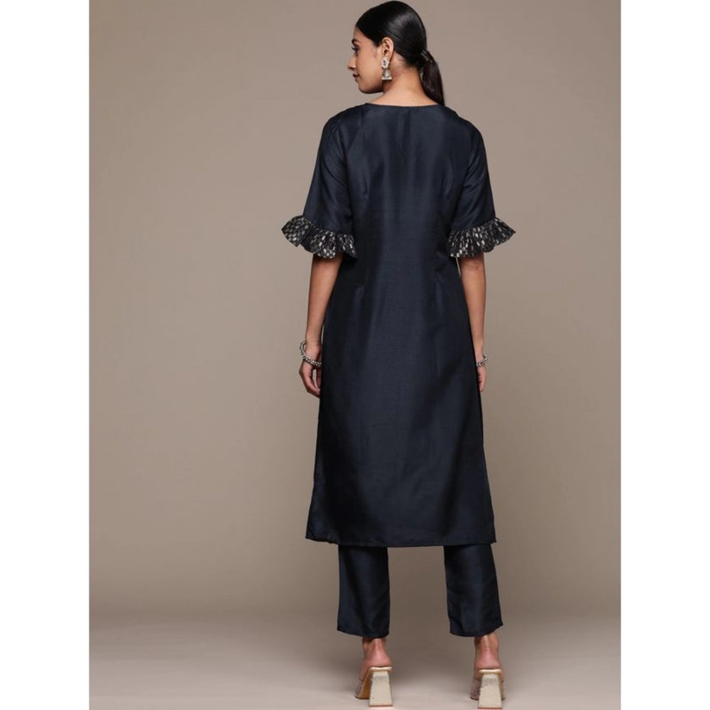 Amfyn Women's Casual Half Sleeve Solid Chinon Kurti and Pant Set (Navy Blue)