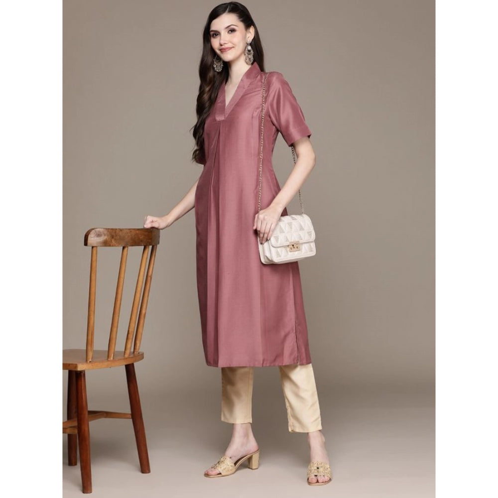 Amfyn Women's Casual Half Sleeve Solid Chinon Kurti And Pant Set (Brown)