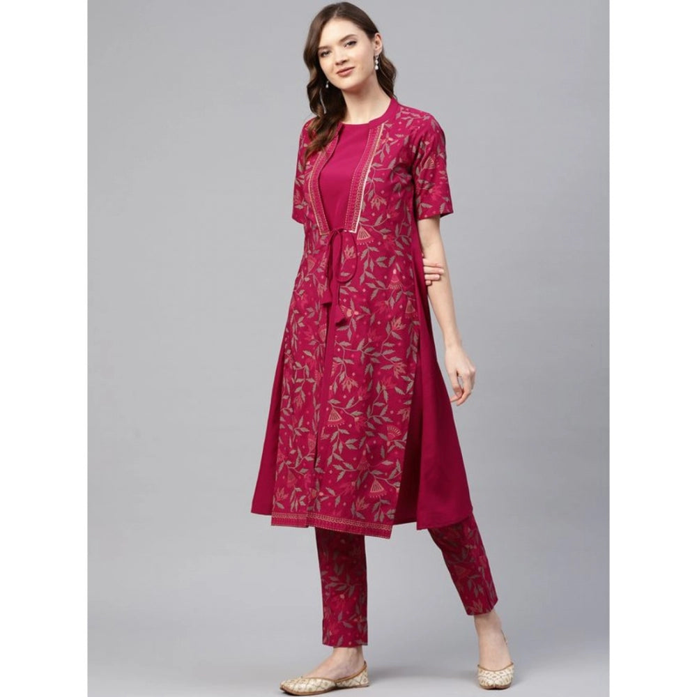 Amfyn Women's Casual Half Sleeve Floral Printed Crepe Kurti And Pant Set (Pink)