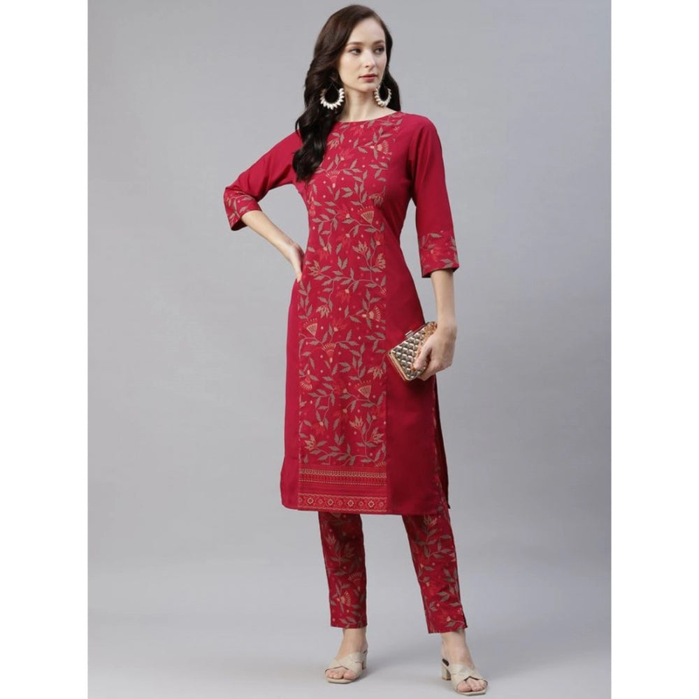 Amfyn Women's Casual 3-4Th Sleeve Floral Printed Crepe Kurti And Pant Set (Maroon)