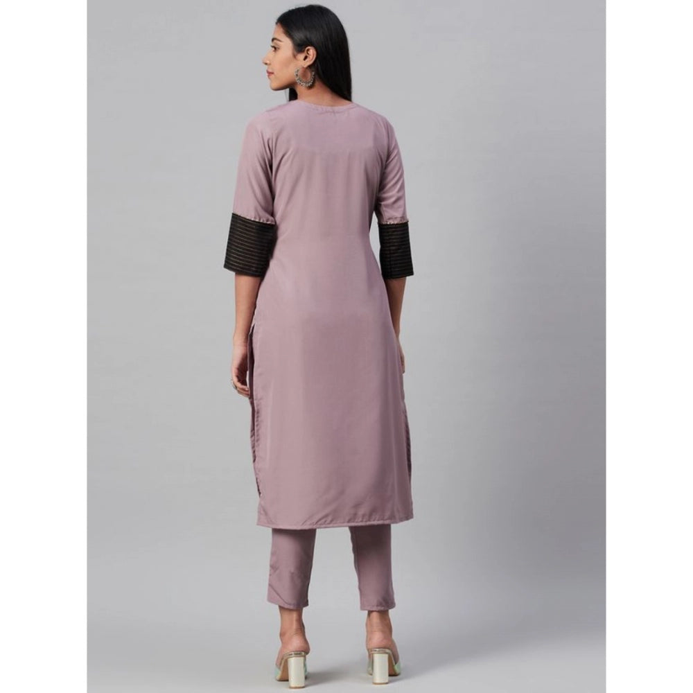Amfyn Women's Casual 3-4Th Sleeve Ethnic Motifs Crepe Kurti and Pant Set (Light Purple)