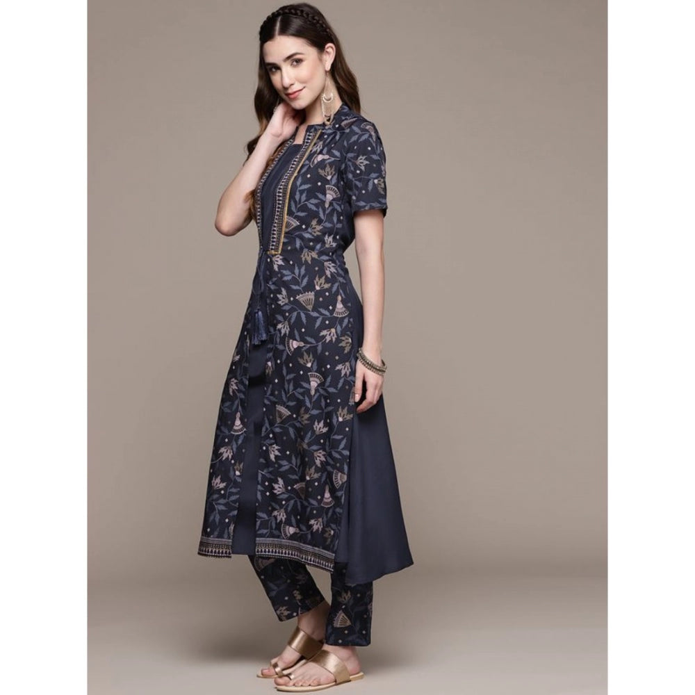 Amfyn Women's Casual Half Sleeve Ethnic Motifs Crepe Kurti and Pant Set (Navy Blue)
