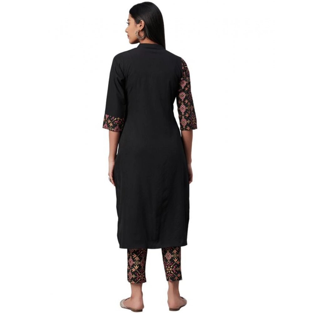 Amfyn Women's Casual 3-4Th Sleeve Geometric Crepe Kurti And Pant Set (Black)