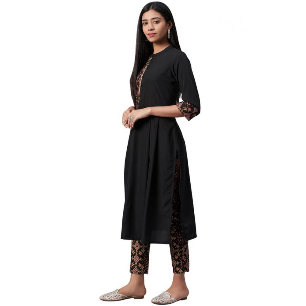 Amfyn Women's Casual 3-4Th Sleeve Geometric Crepe Kurti And Pant Set (Black)