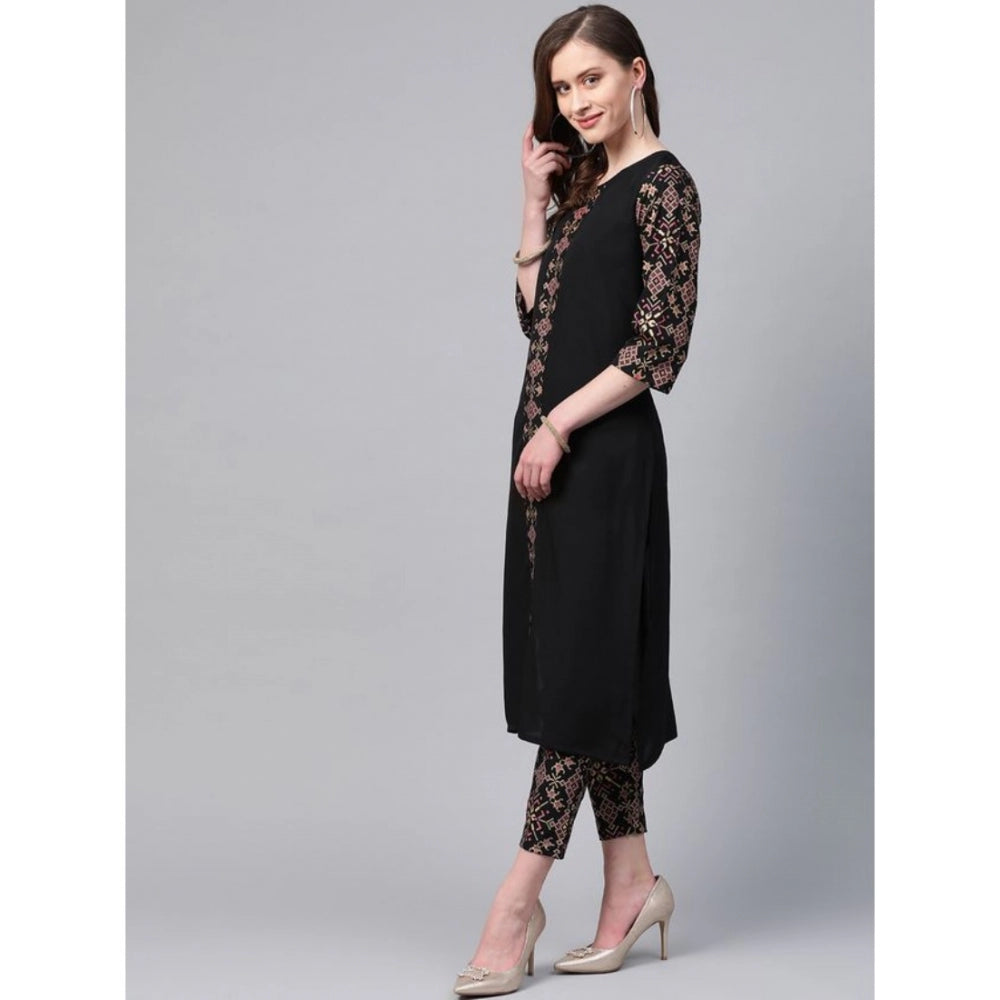 Amfyn Women's Casual 3-4Th Sleeve Solid Crepe Kurti And Pant Set (Black)
