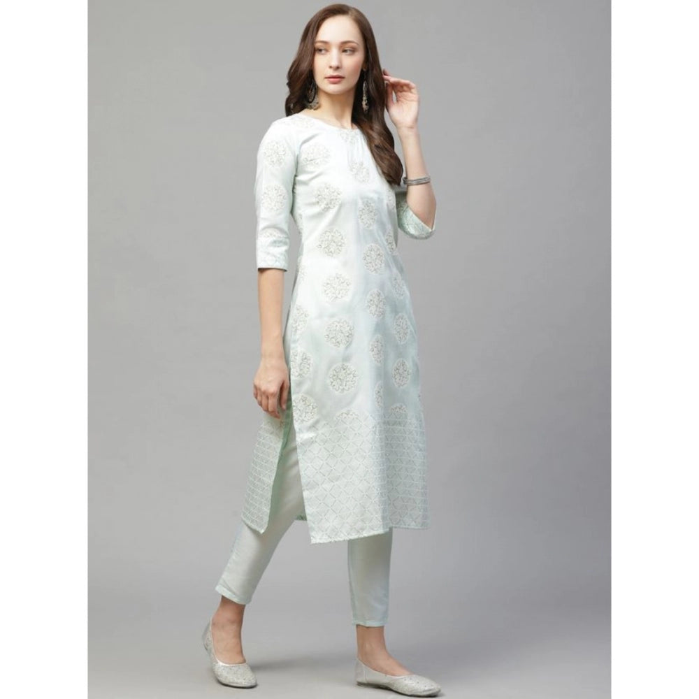 Amfyn Women's Casual 3-4Th Sleeve Floral Printed Poly Silk Kurti and Pant Set (Green)