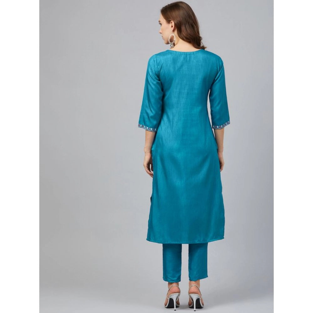 Amfyn Women's Casual 3-4Th Sleeve Floral Printed Poly Silk Kurti and Pant Set (Blue)