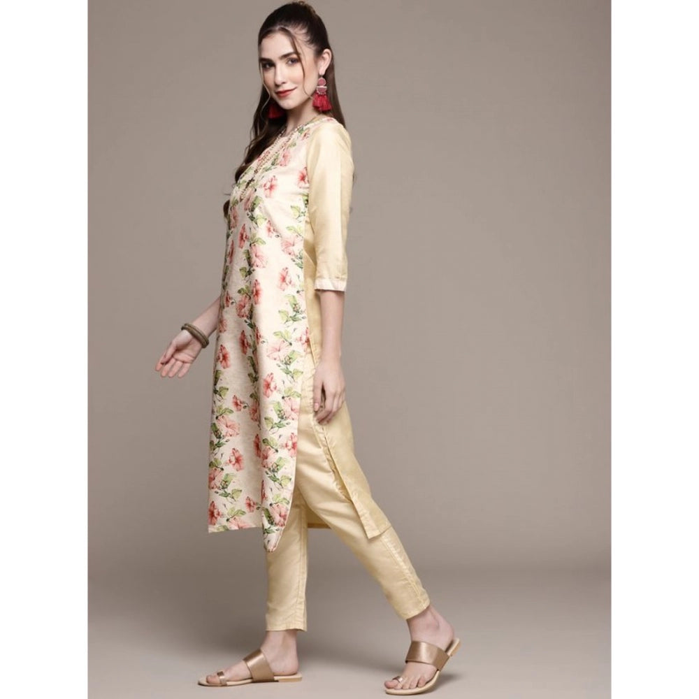 Amfyn Women's Casual 3-4Th Sleeve Floral Printed Poly Silk Kurti and Pant Set (Cream)