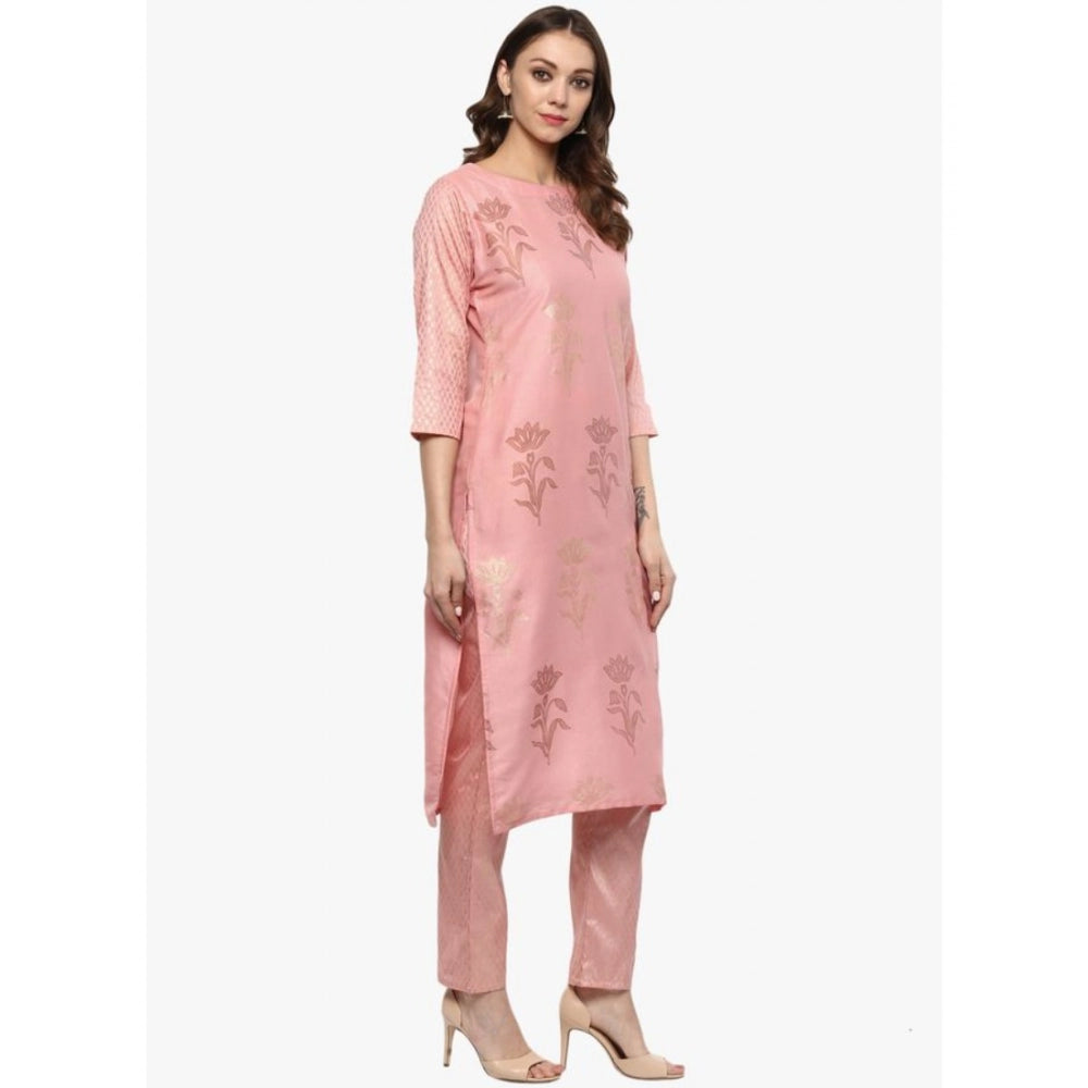 Amfyn Women's Casual 3-4Th Sleeve Floral Printed Poly Silk Kurti and Pant Set (Pink)