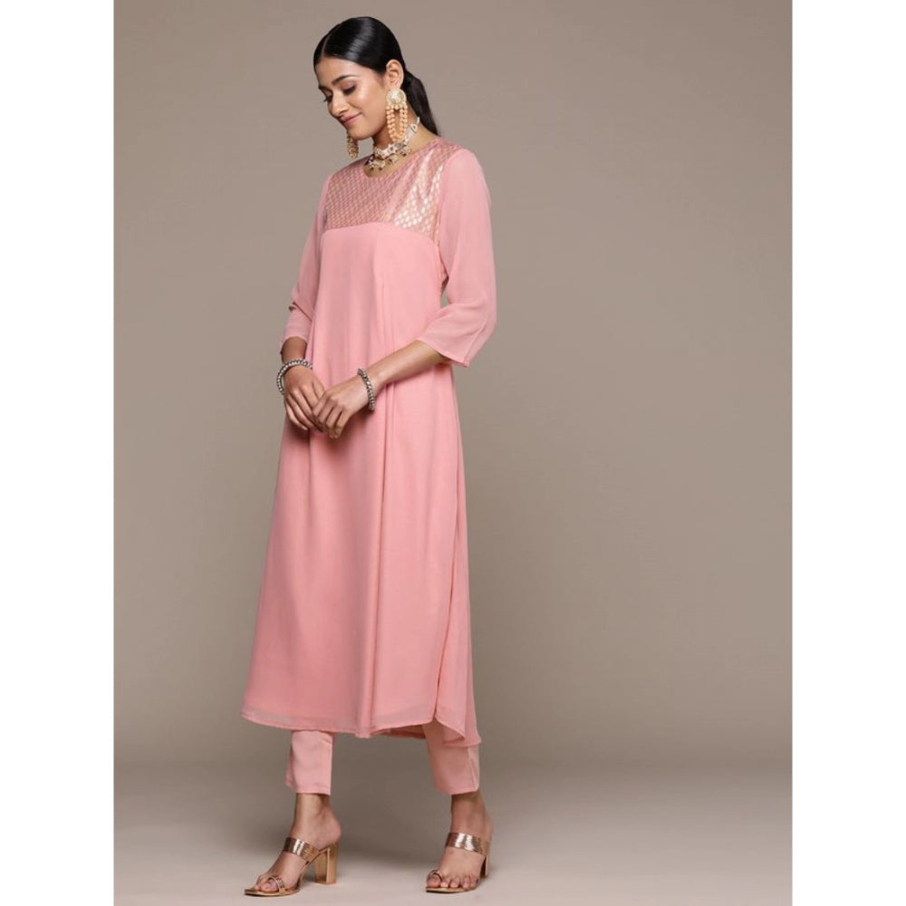 Amfyn Women's Casual 3-4Th Sleeve Geometric Georgette &amp; Crepe Kurti and Pant Set (Pink)