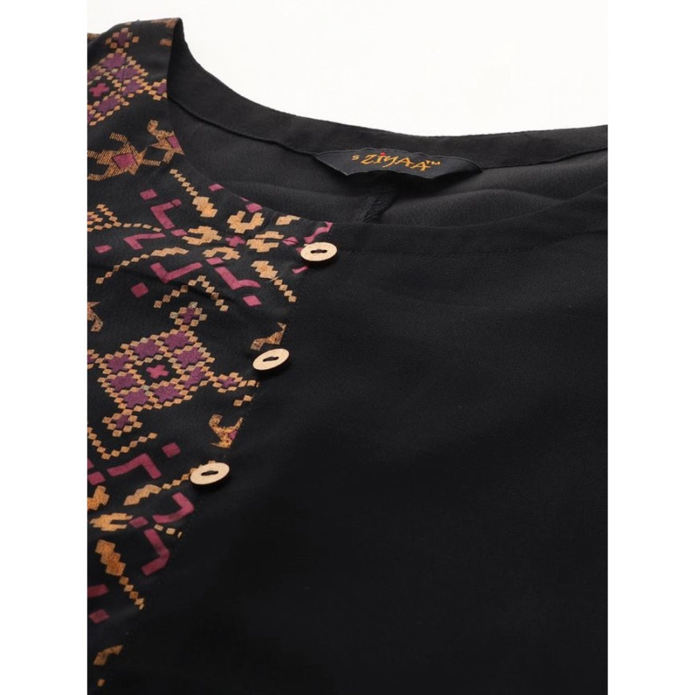Amfyn Women's Casual Half Sleeve Ethnic Motifs Georgette &amp; Crepe Kurti and Pant Set (Black)