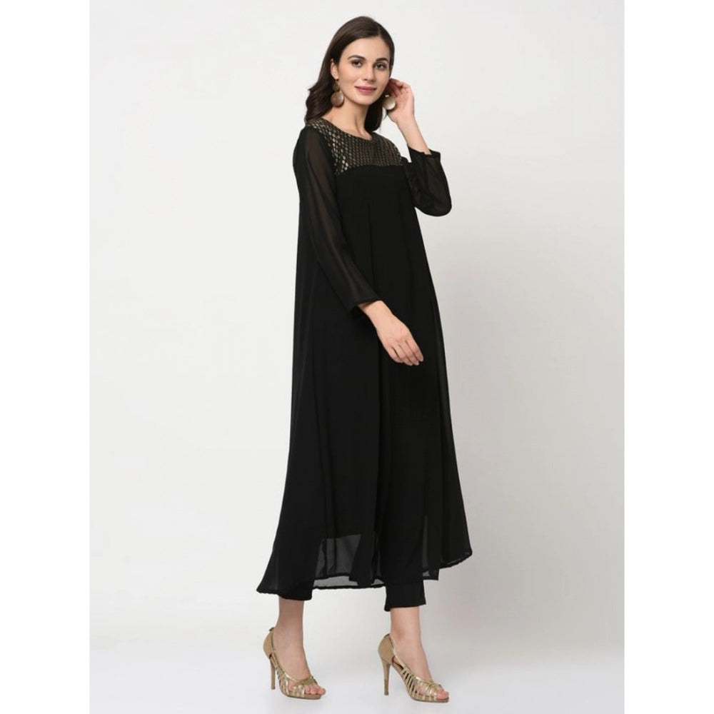 Amfyn Women's Casual 3-4Th Sleeve Geometric Georgette Kurti and Pant Set (Black)