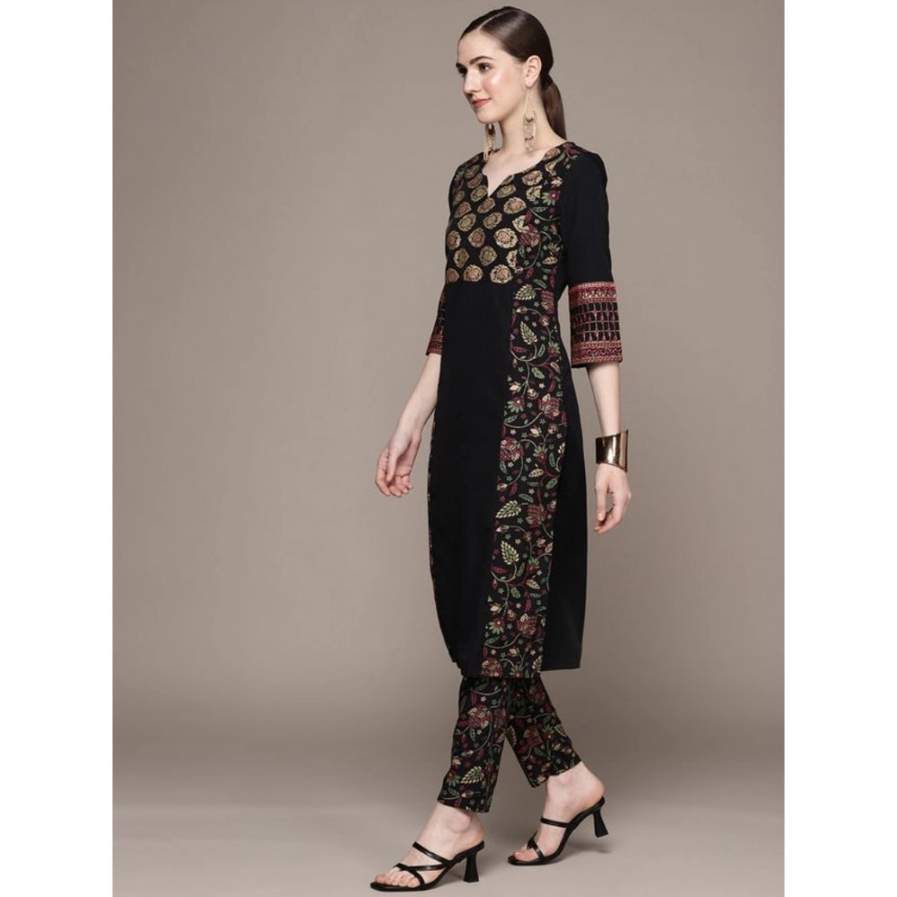 Amfyn Women's Casual 3-4Th Sleeve Ethnic Motifs Crepe Kurti And Pant Set (Black)