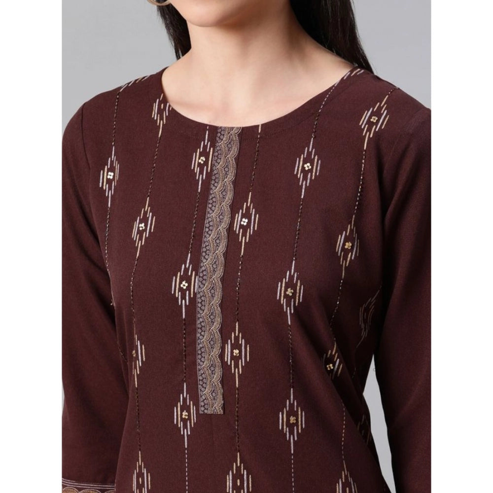 Amfyn Women's Casual 3-4Th Sleeve Ethnic Motifs Rayon Kurti And Pant Set (Brown)