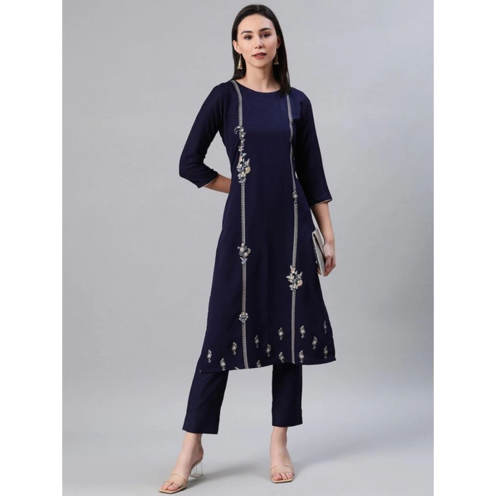 Amfyn Women's Casual 3-4Th Sleeve Floral Printed Rayon Kurti And Pant Set (Blue)