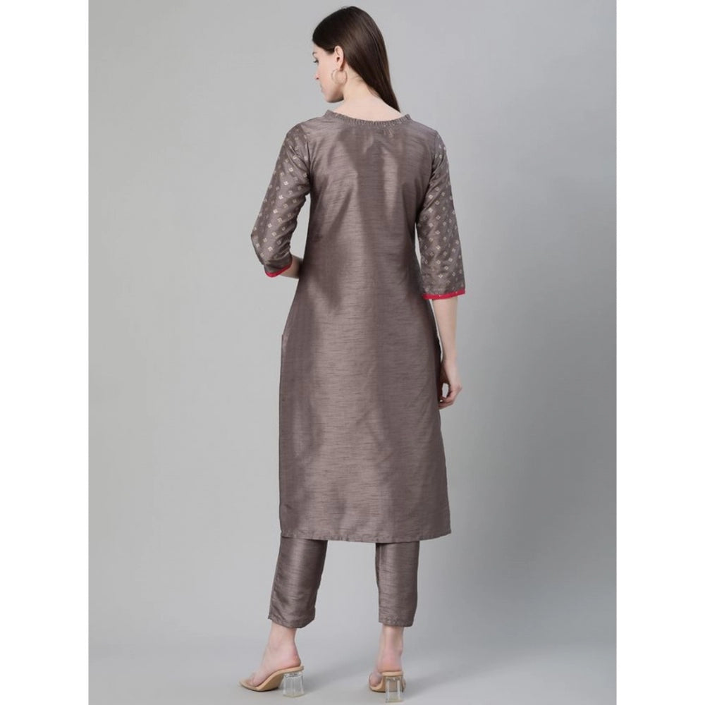 Amfyn Women's Casual 3-4Th Sleeve Ethnic Motifs Poly Silk Kurti And Pant Set (Grey)