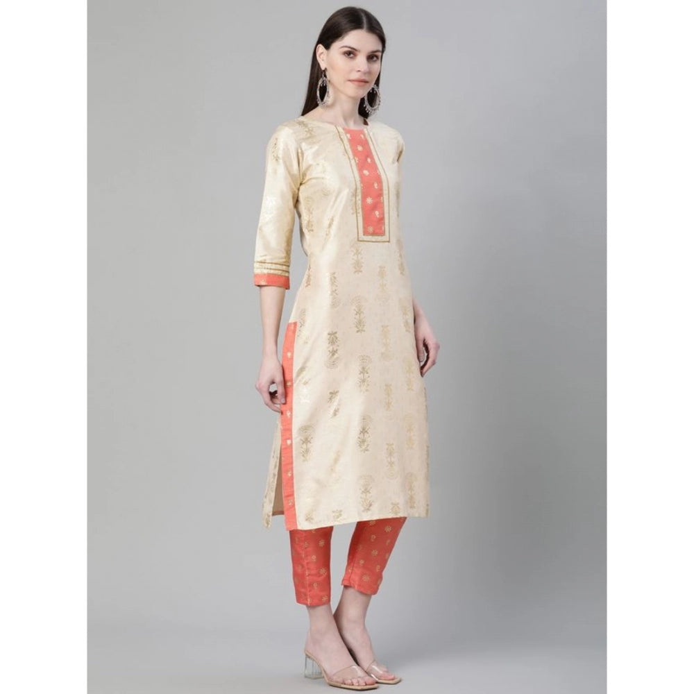 Amfyn Women's Casual 3-4Th Sleeve Floral Printed Poly Silk Kurti And Pant Set (Cream)