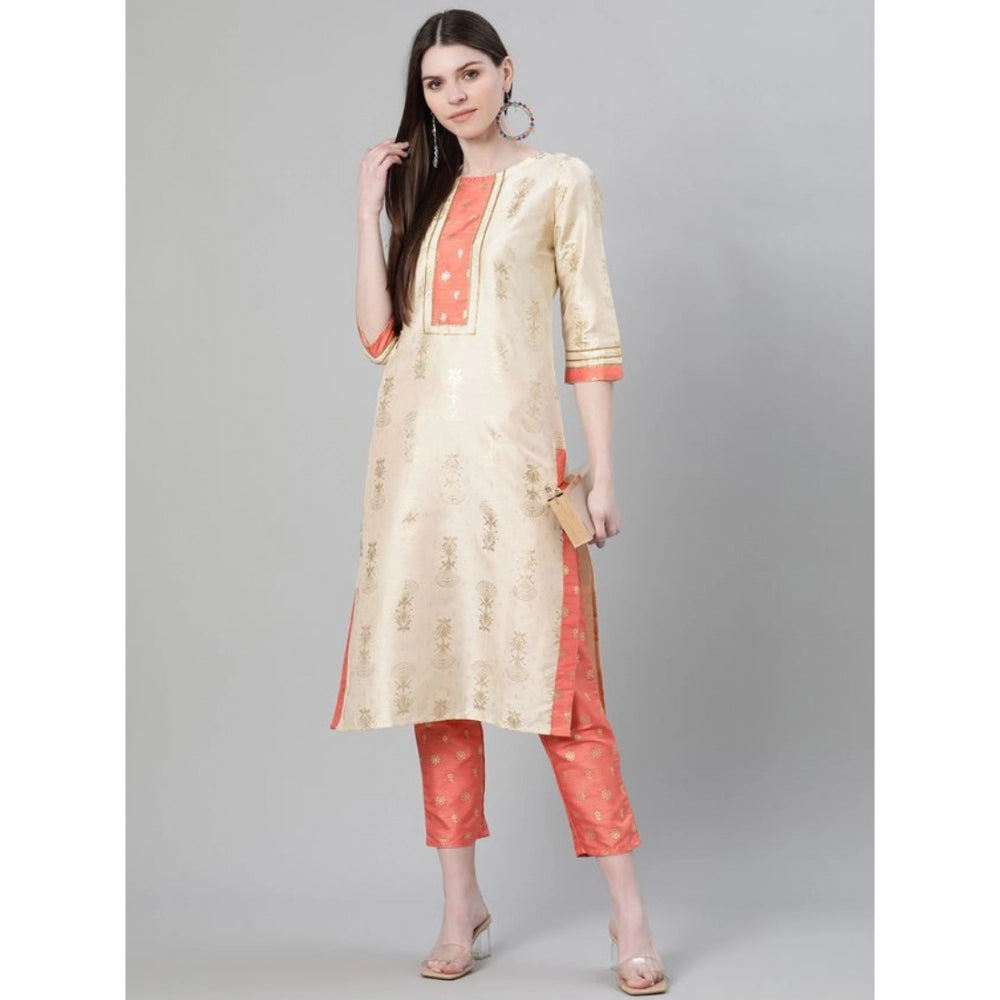 Amfyn Women's Casual 3-4Th Sleeve Floral Printed Poly Silk Kurti And Pant Set (Cream)