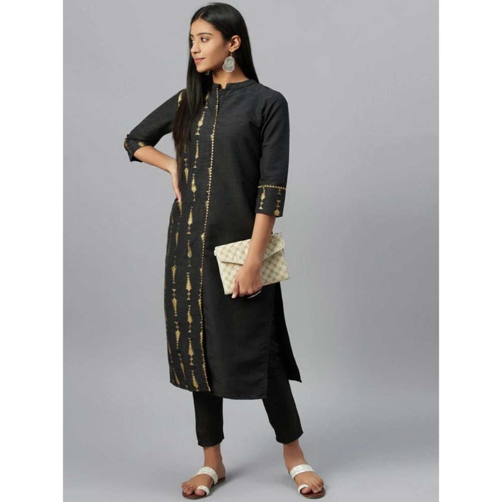 Amfyn Women's Casual 3-4Th Sleeve Ethnic Motifs Poly Silk Kurti and Pant Set (Black)