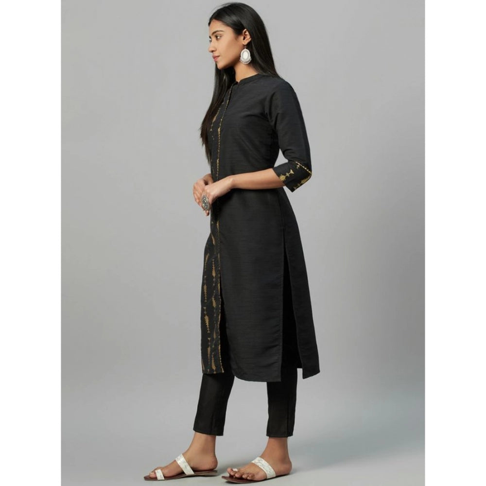 Amfyn Women's Casual 3-4Th Sleeve Ethnic Motifs Poly Silk Kurti and Pant Set (Black)