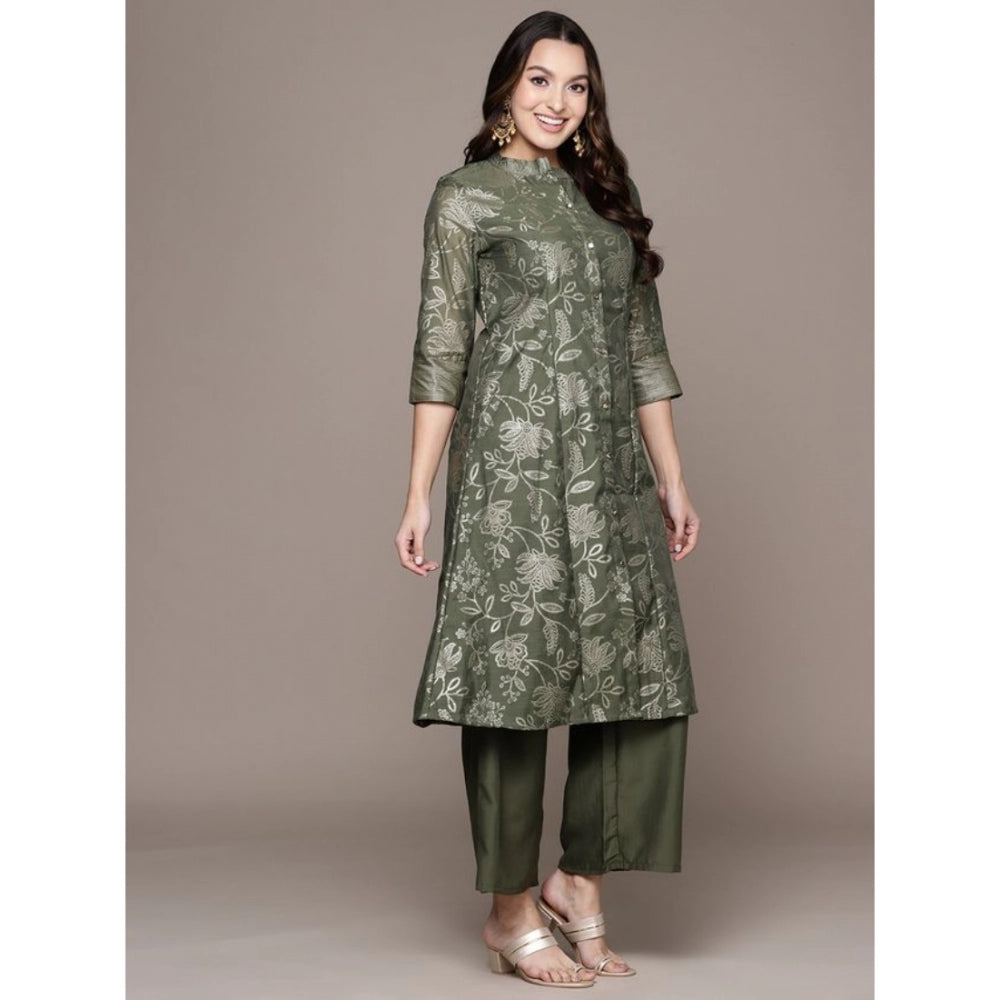 Amfyn Women's Casual 3-4Th Sleeve Floral Printed Chanderi Cotton Kurti Palazzo And Dupatta Set (Green)
