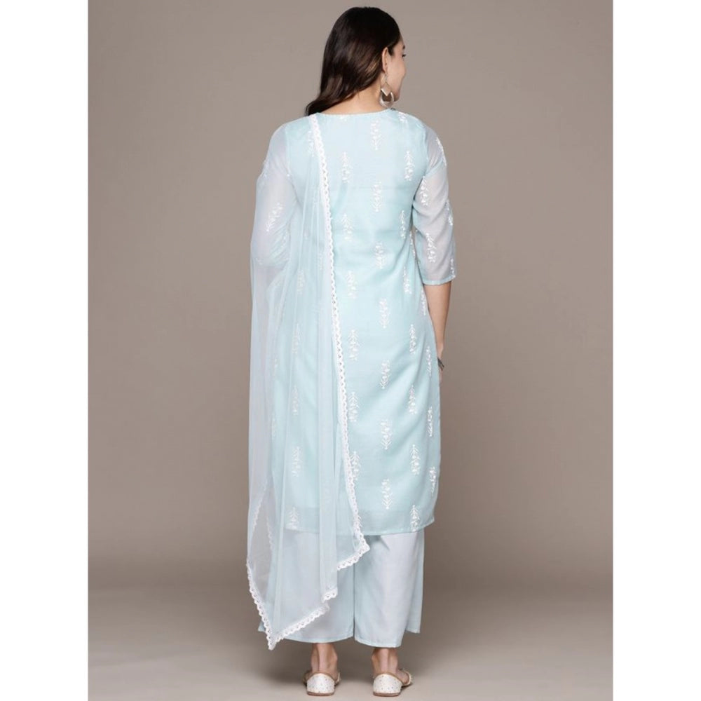 Amfyn Women's Casual 3-4Th Sleeve Floral Printed Chanderi Cotton Kurti Palazzo And Dupatta Set (Blue)