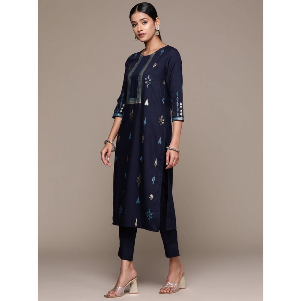 Amfyn Women's Casual 3-4Th Sleeve Floral Printed Rayon Kurti And Pant Set (Navy Blue)