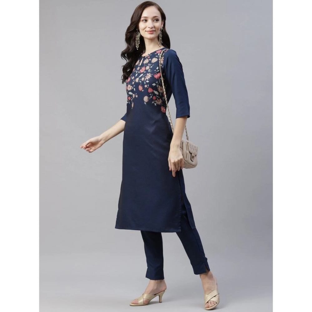 Amfyn Women's Casual 3-4Th Sleeve Floral Printed Rayon Kurti And Pant Set (Navy Blue)