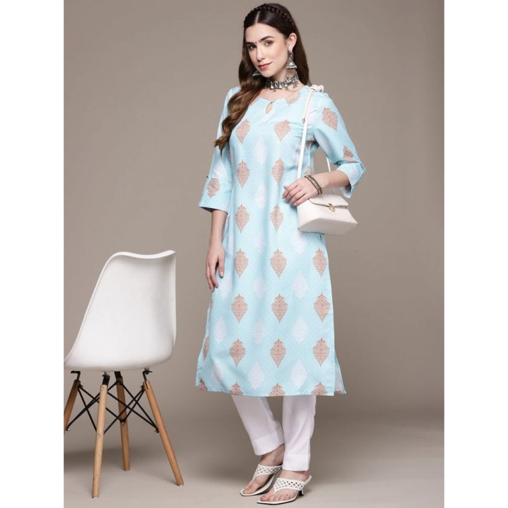 Amfyn Women's Casual 3-4Th Sleeve Ethnic Motifs Rayon Kurti And Pant Set (Sky Blue)