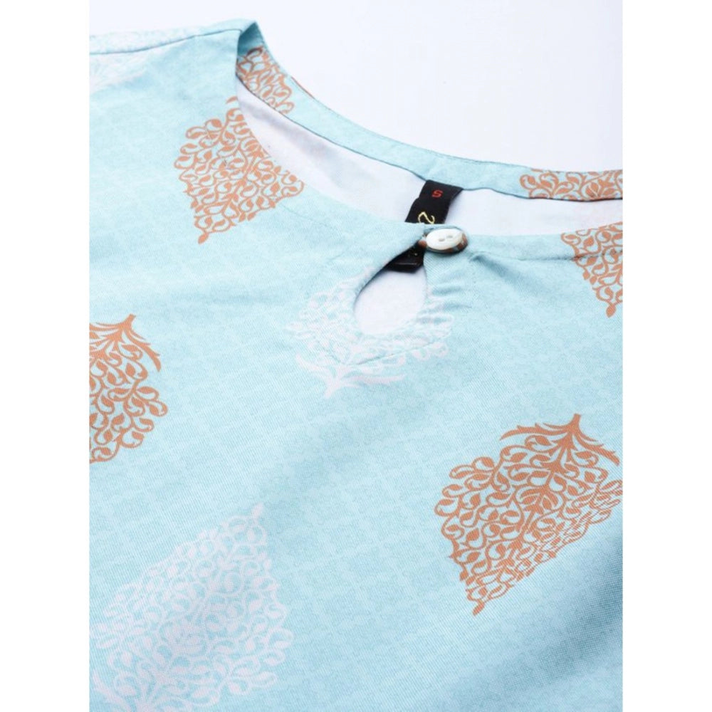 Amfyn Women's Casual 3-4Th Sleeve Ethnic Motifs Rayon Kurti And Pant Set (Sky Blue)