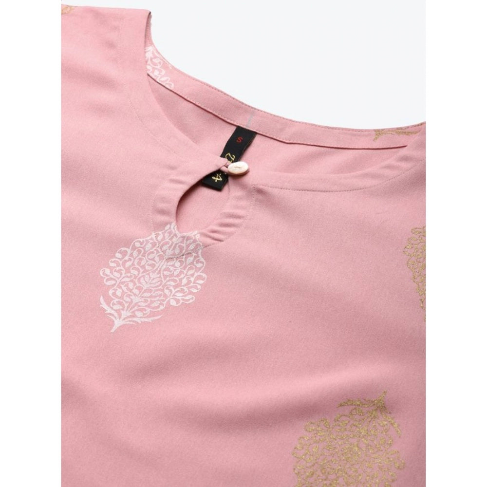Amfyn Women's Casual 3-4Th Sleeve Ethnic Motifs Rayon Kurti And Pant Set (Pink)