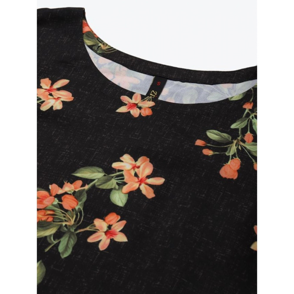 Amfyn Women's Casual 3-4Th Sleeve Floral Printed Rayon Kurti And Pant Set (Black)