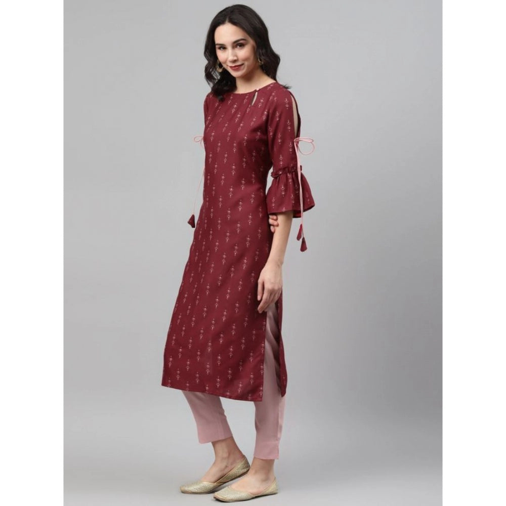 Amfyn Women's Casual 3-4Th Sleeve Ethnic Motifs Rayon Kurti And Pant Set (Maroon)