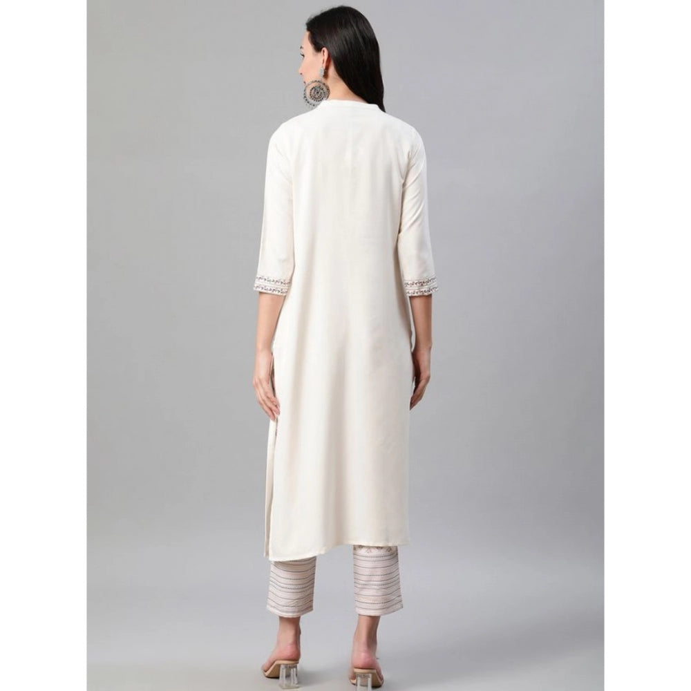 Amfyn Women's Casual 3-4Th Sleeve Floral Printed Rayon Kurti And Pant Set (Cream)