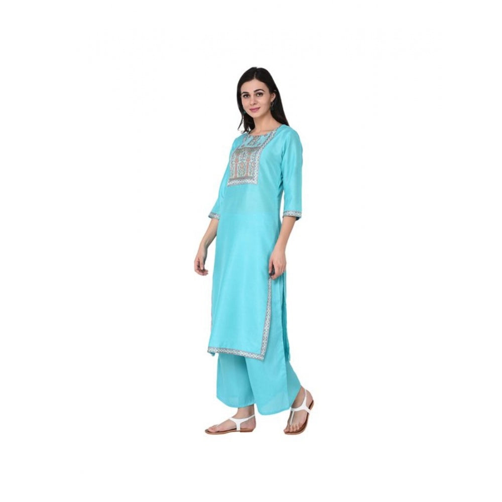 Amfyn Women's Casual 3-4Th Sleeve Floral Printed Poly Silk Kurti and Palazzo Set (Blue)