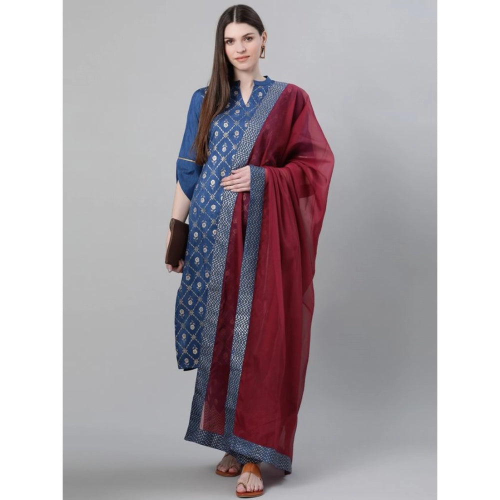 Amfyn Women's Casual 3-4Th Sleeve Floral Printed Poly Silk KurtiPalazzo And Dupatta Set (Blue)