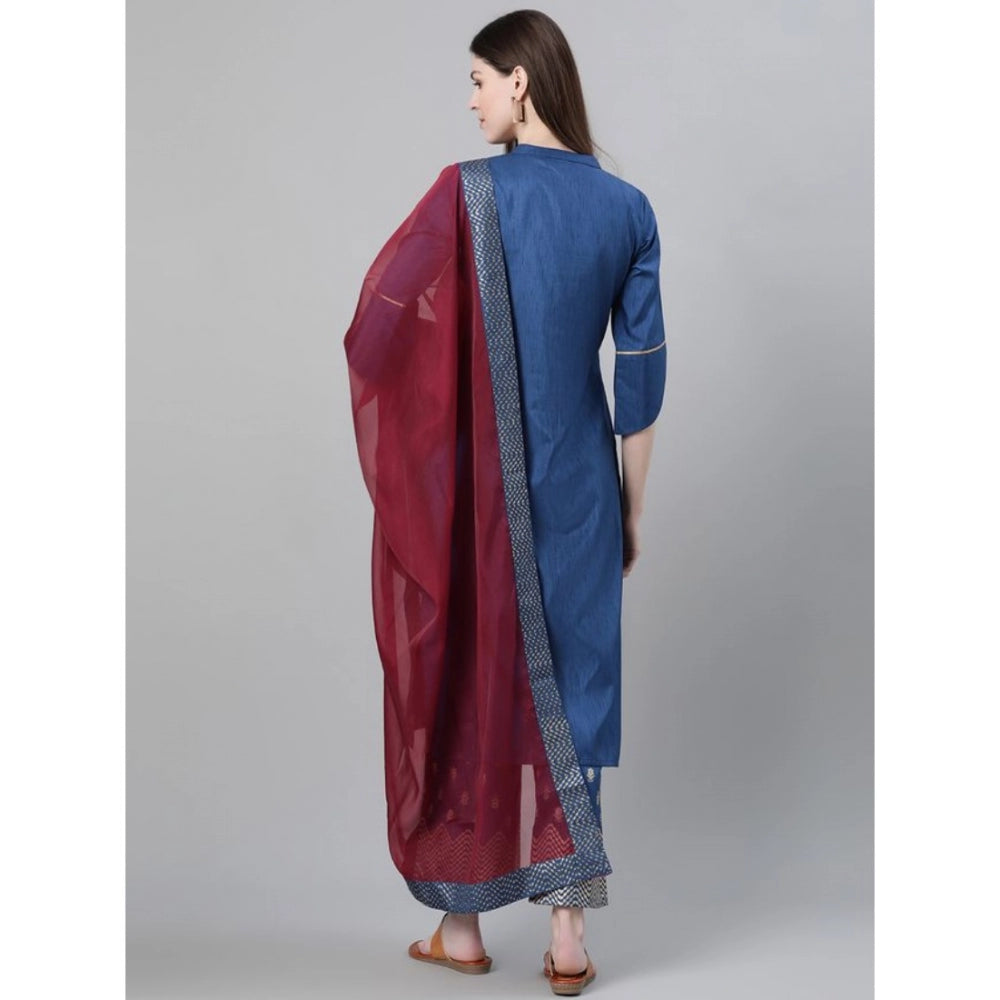 Amfyn Women's Casual 3-4Th Sleeve Floral Printed Poly Silk KurtiPalazzo And Dupatta Set (Blue)