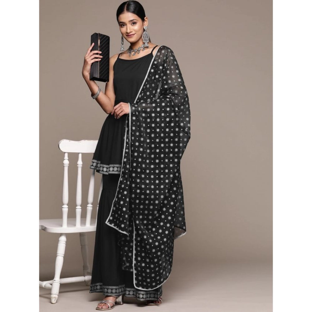 Amfyn Women's Casual Sleeveless Ethnic Motifs Crepe Kurti Sharara And Dupatta Set (Black)