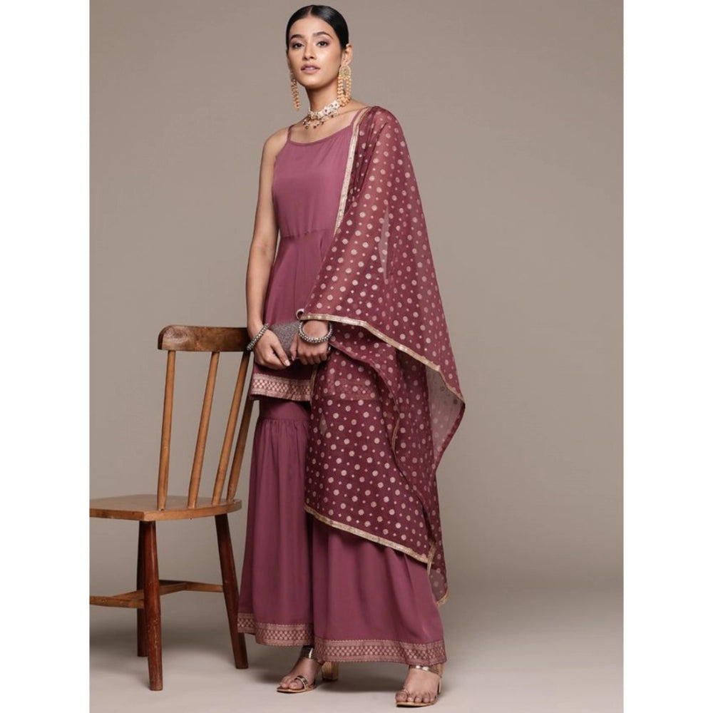 Amfyn Women's Casual Sleeveless Ethnic Motifs Crepe Kurti Sharara And Dupatta Set (Brown)