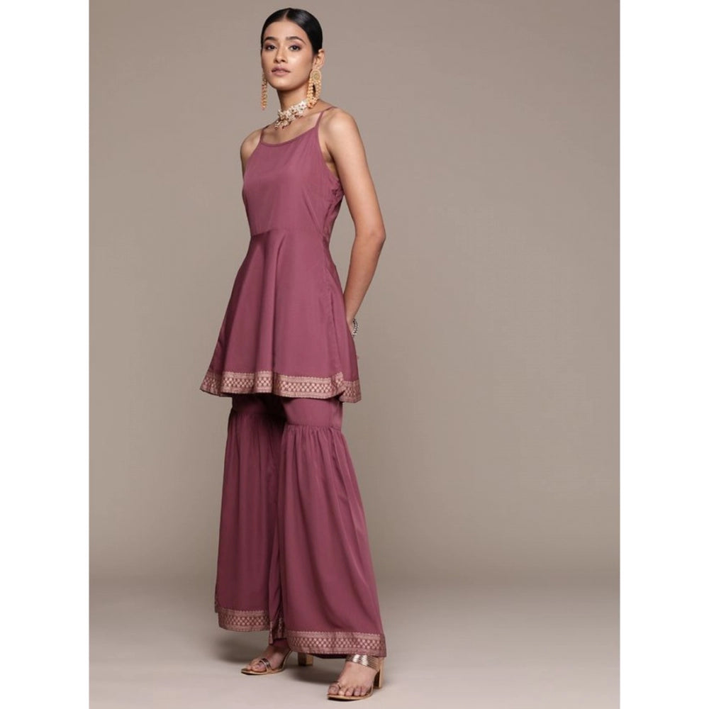 Amfyn Women's Casual Sleeveless Ethnic Motifs Crepe Kurti Sharara And Dupatta Set (Brown)