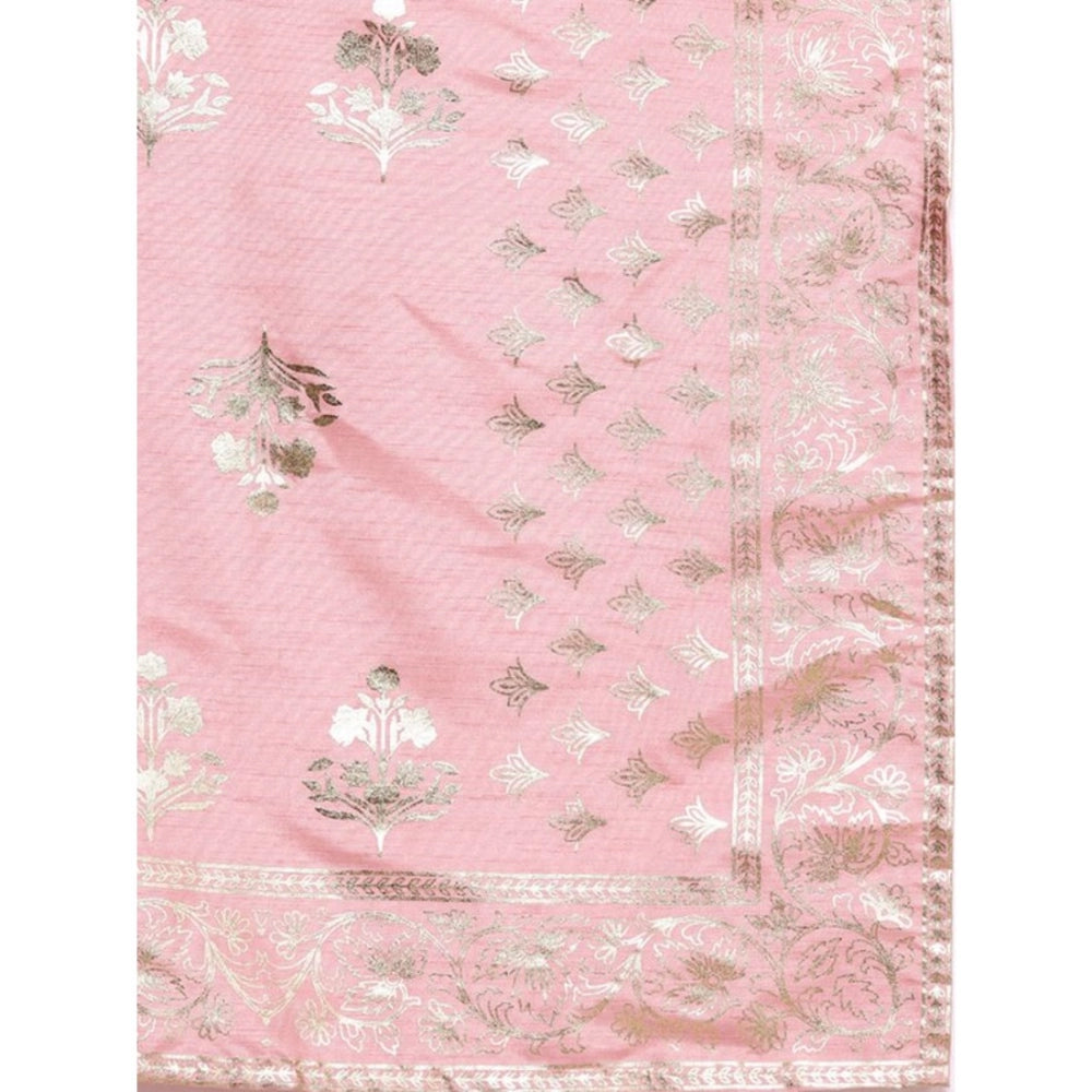 Amfyn Women's Casual 3-4Th Sleeve Floral Printed Poly Silk Kurti Pant And Dupatta Set (Light Pink)